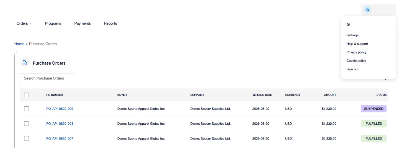 Account menu opened by selecting your name, listing Settings, Help and support, Privacy policy, Cookie policy and Sign out